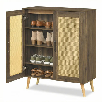 5-Tier Rattan Shoe Cabinet with 3 Removable Shelves-Walnut - Walnut - Shoe Racks & Storage Benches