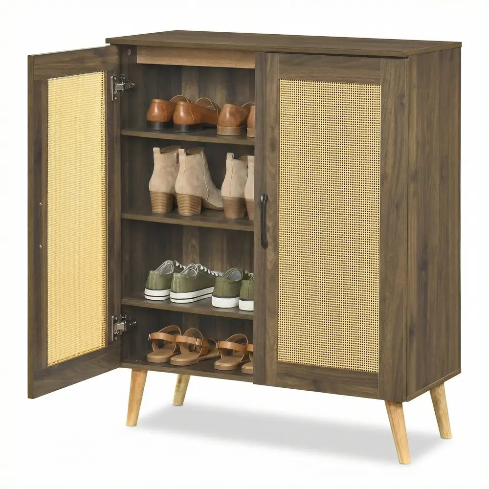 5-Tier Rattan Shoe Cabinet with 3 Removable Shelves-Walnut - Walnut - Shoe Racks & Storage Benches