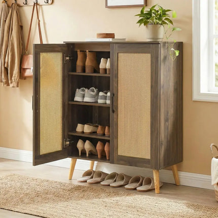 5-Tier Rattan Shoe Cabinet with 3 Removable Shelves-Walnut - Walnut - Shoe Racks & Storage Benches