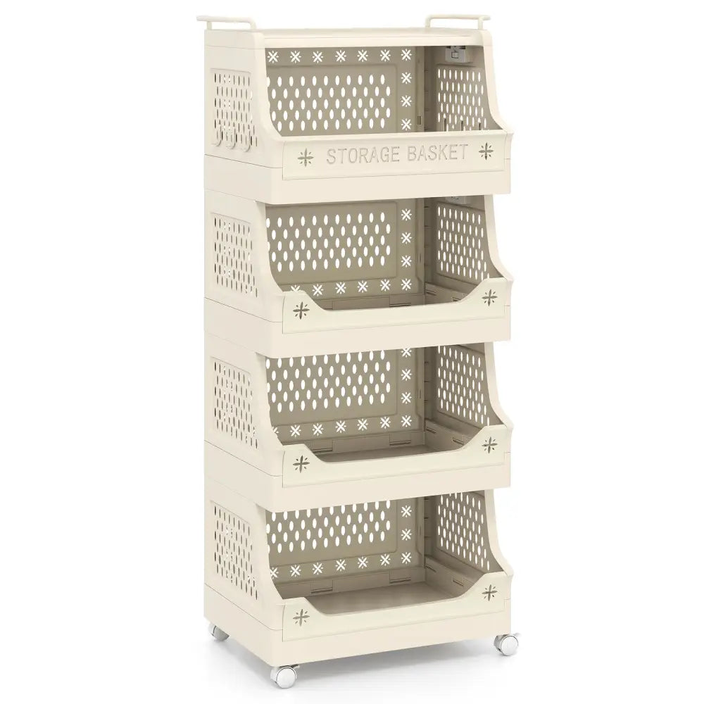 5-Tier Rolling Laundry Basket with Wheels Plastic Storage Cart with Side Hooks - Beige - Laundry Baskets