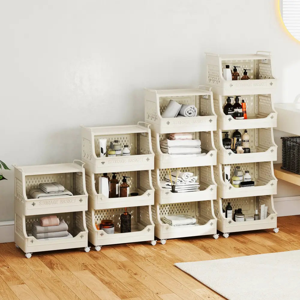 5-Tier Rolling Laundry Basket with Wheels Plastic Storage Cart with Side Hooks - Beige - Laundry Baskets