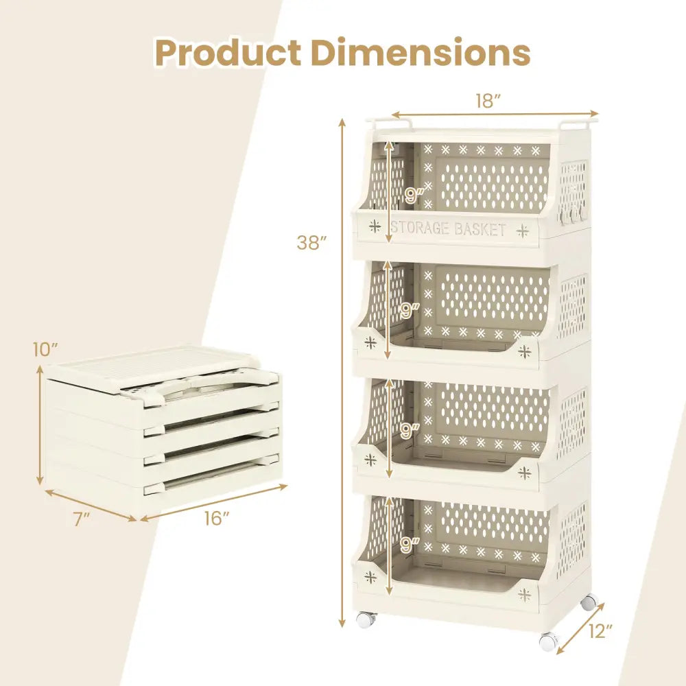 5-Tier Rolling Laundry Basket with Wheels Plastic Storage Cart with Side Hooks - Beige - Laundry Baskets