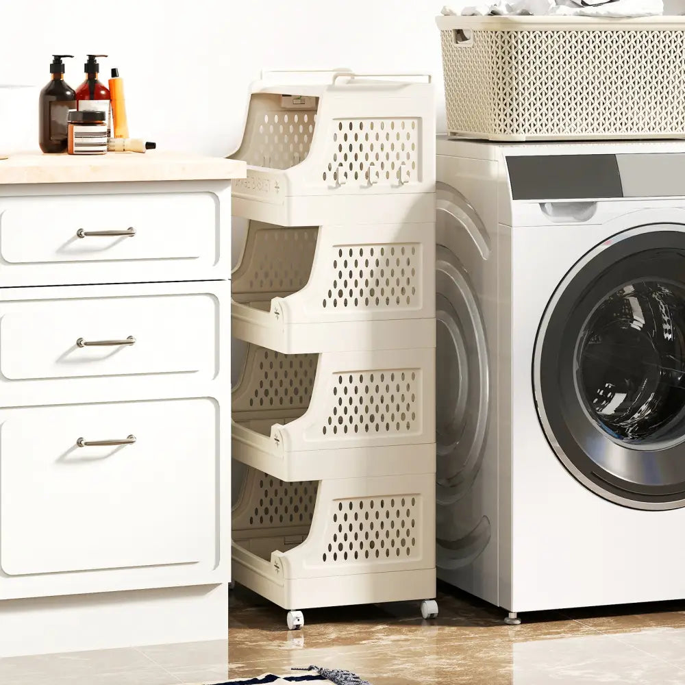 5-Tier Rolling Laundry Basket with Wheels Plastic Storage Cart with Side Hooks - Beige - Laundry Baskets