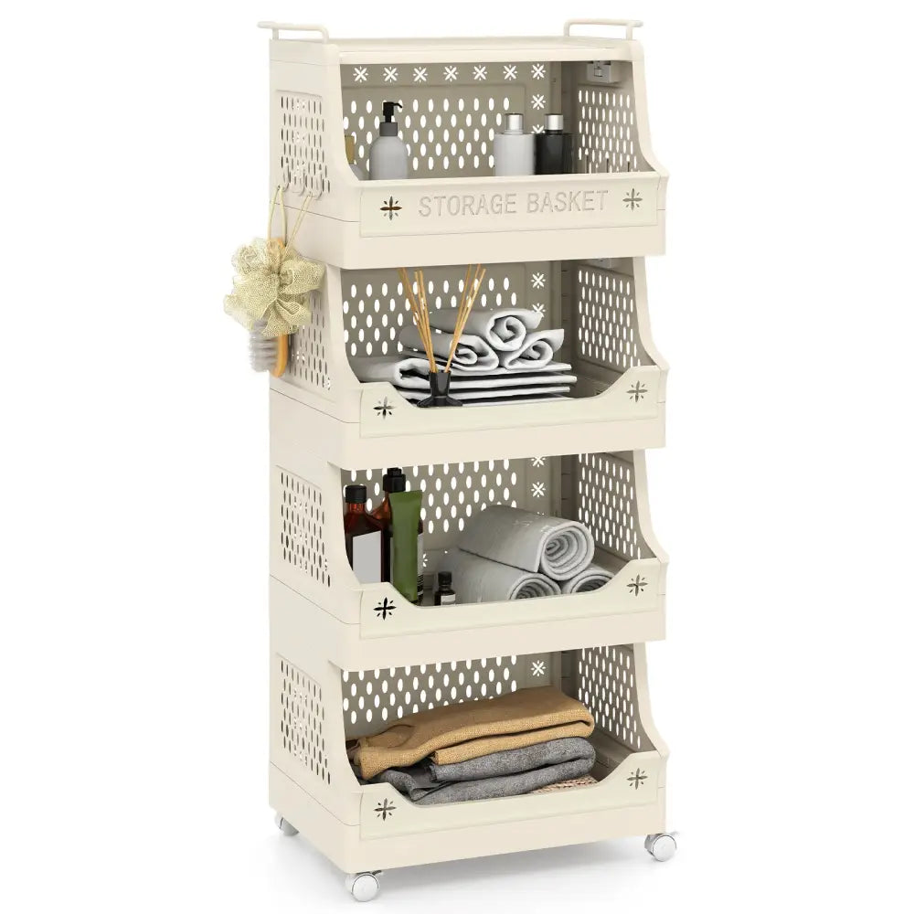 5-Tier Rolling Laundry Basket with Wheels Plastic Storage Cart with Side Hooks - Beige - Laundry Baskets