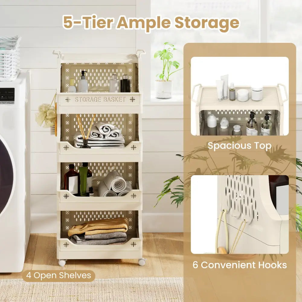5-Tier Rolling Laundry Basket with Wheels Plastic Storage Cart with Side Hooks - Beige - Laundry Baskets