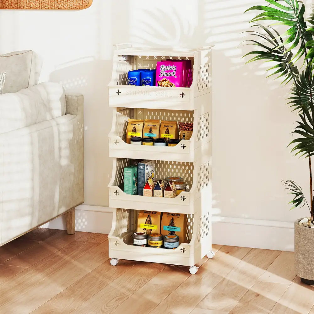 5-Tier Rolling Laundry Basket with Wheels Plastic Storage Cart with Side Hooks - Beige - Laundry Baskets
