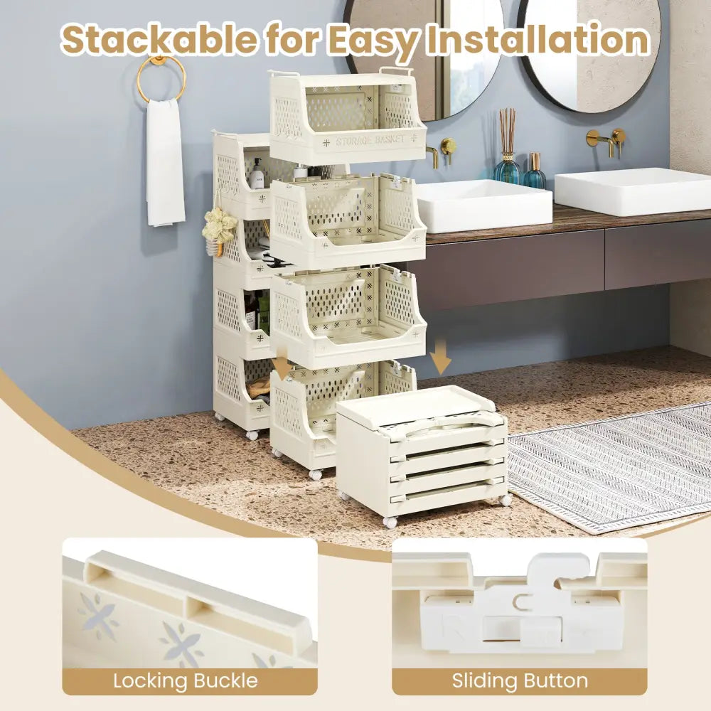 5-Tier Rolling Laundry Basket with Wheels Plastic Storage Cart with Side Hooks - Beige - Laundry Baskets