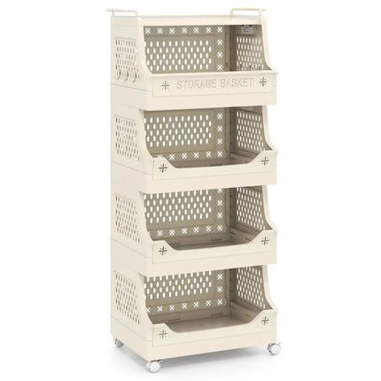 5-Tier Rolling Laundry Basket with Wheels Plastic Storage Cart with Side Hooks - Beige - Laundry Baskets