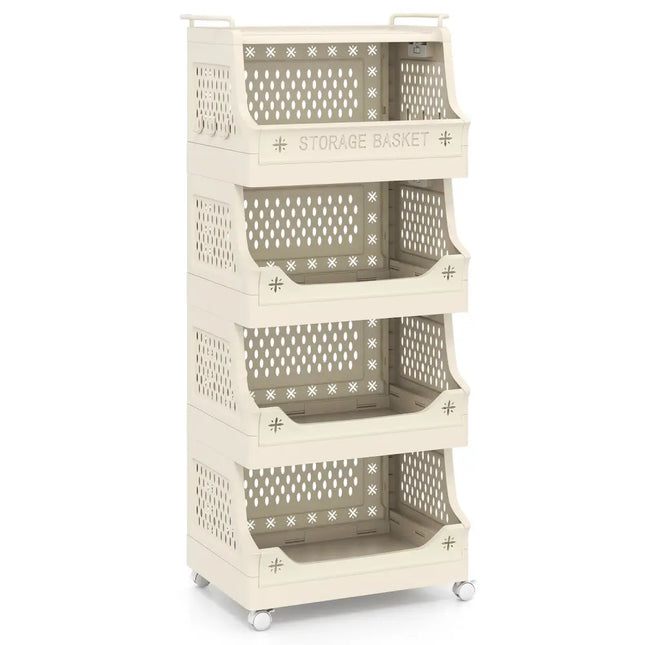5-Tier Rolling Laundry Basket with Wheels Plastic Storage Cart with Side Hooks - Beige - Laundry Baskets