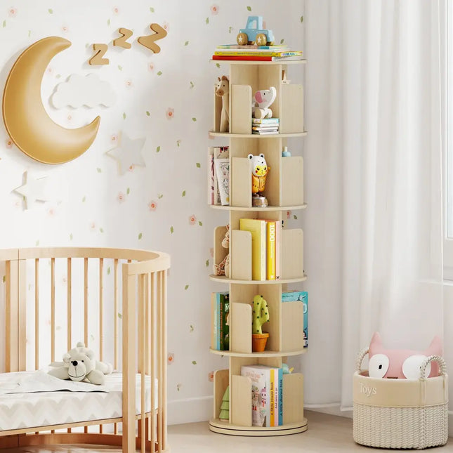 5-Tier Rotating Bookshelf 360° Display Rack with Dividers and Anti-falling Baffles-Natural - Natural - Bookcases