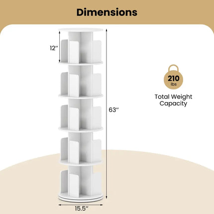 5-Tier Rotating Bookshelf 360° Display Rack with Dividers and Anti-falling Baffles-White - White - Bookcases