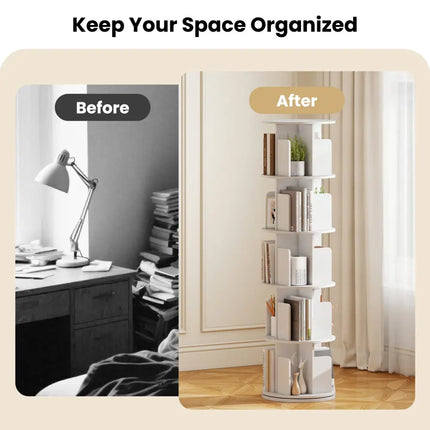 5-Tier Rotating Bookshelf 360° Display Rack with Dividers and Anti-falling Baffles-White - White - Bookcases