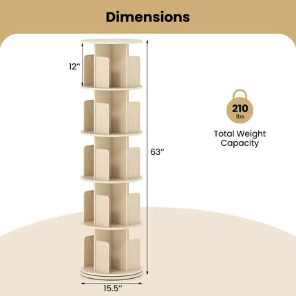 5-Tier Rotating Bookshelf 360° Display Rack with Dividers and Anti-falling Baffles-Natural - Natural - Bookcases