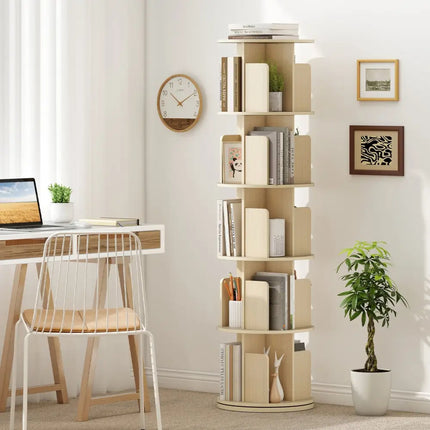 5-Tier Rotating Bookshelf 360° Display Rack with Dividers and Anti-falling Baffles-Natural - Natural - Bookcases