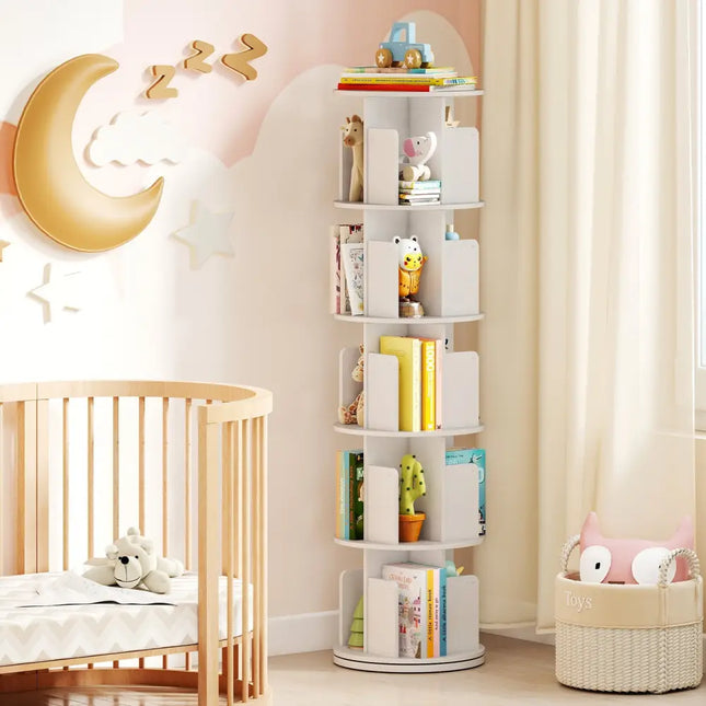 5-Tier Rotating Bookshelf 360° Display Rack with Dividers and Anti-falling Baffles-White - White - Bookcases