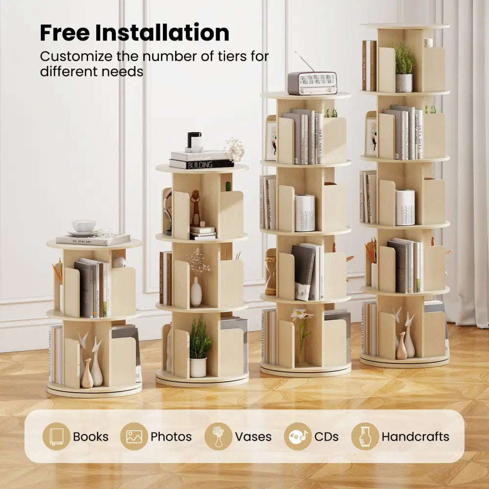 5-Tier Rotating Bookshelf 360° Display Rack with Dividers and Anti-falling Baffles-Natural - Natural - Bookcases
