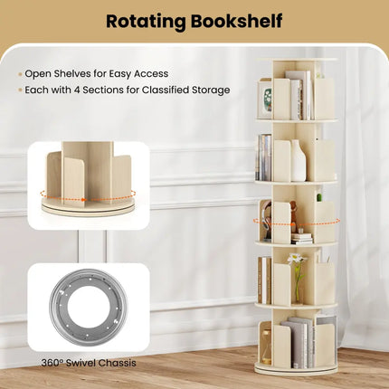 5-Tier Rotating Bookshelf 360° Display Rack with Dividers and Anti-falling Baffles-Natural - Natural - Bookcases