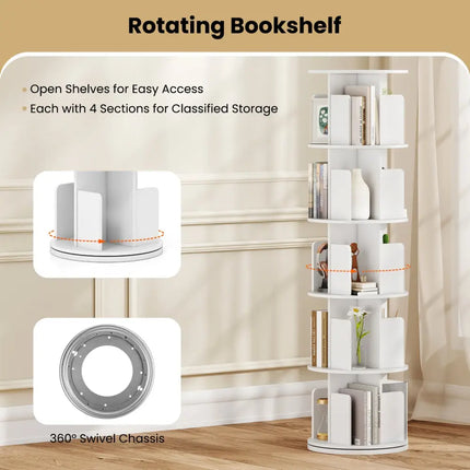 5-Tier Rotating Bookshelf 360° Display Rack with Dividers and Anti-falling Baffles-White - White - Bookcases