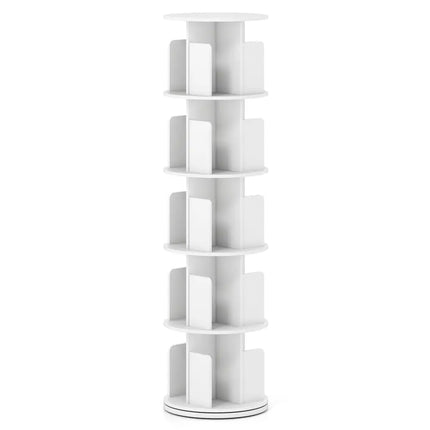 5-Tier Rotating Bookshelf 360° Display Rack with Dividers and Anti-falling Baffles-White - White - Bookcases