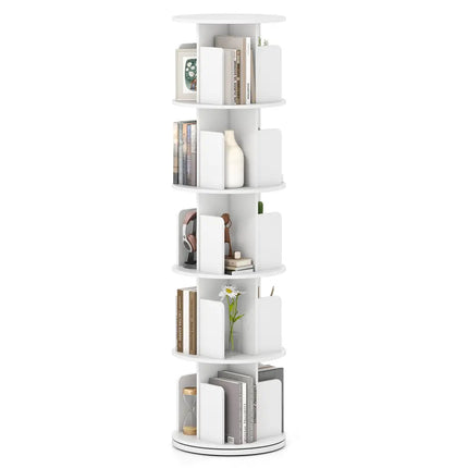 5-Tier Rotating Bookshelf 360° Display Rack with Dividers and Anti-falling Baffles-White - White - Bookcases