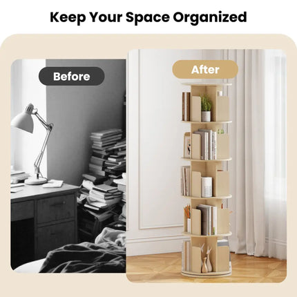 5-Tier Rotating Bookshelf 360° Display Rack with Dividers and Anti-falling Baffles-Natural - Natural - Bookcases
