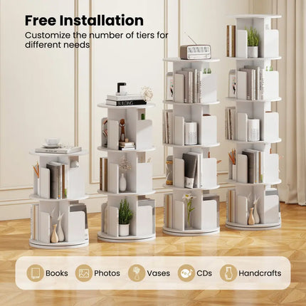 5-Tier Rotating Bookshelf 360° Display Rack with Dividers and Anti-falling Baffles-White - White - Bookcases