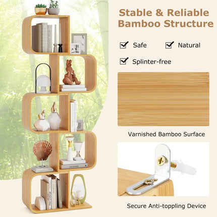5-Tier S-Shaped Bookcase with 5 Open Cubes for Living Room-Natural - Natural - Bookcases