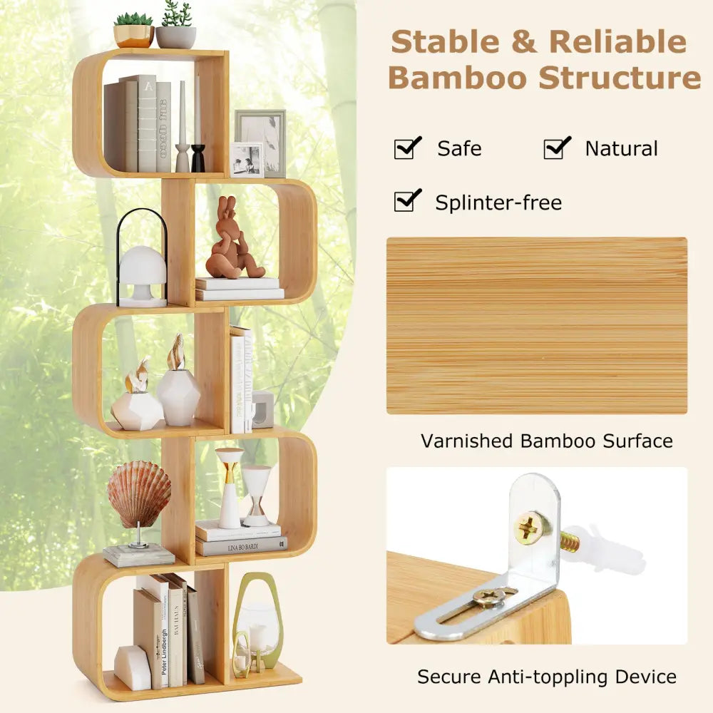 5-Tier S-Shaped Bookcase with 5 Open Cubes for Living Room-Natural - Natural - Bookcases