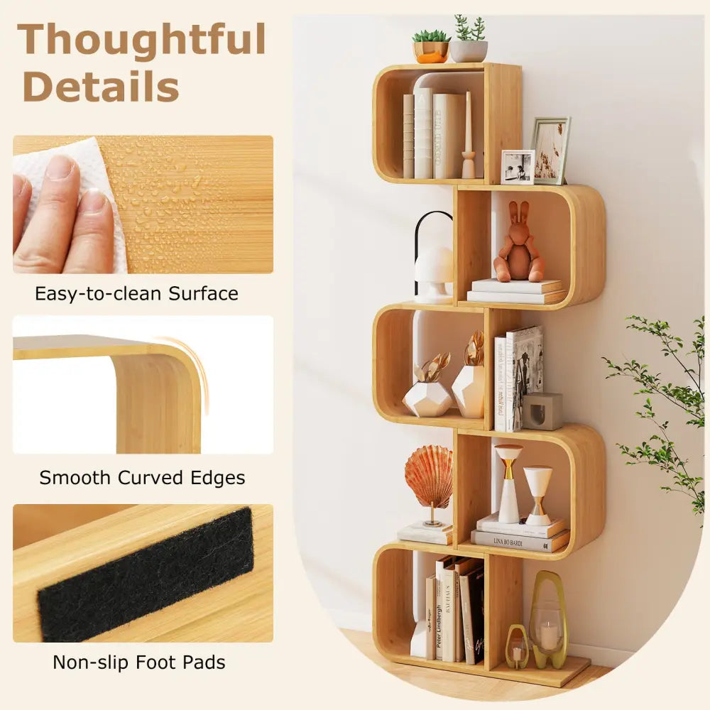 5-Tier S-Shaped Bookcase with 5 Open Cubes for Living Room-Natural - Natural - Bookcases
