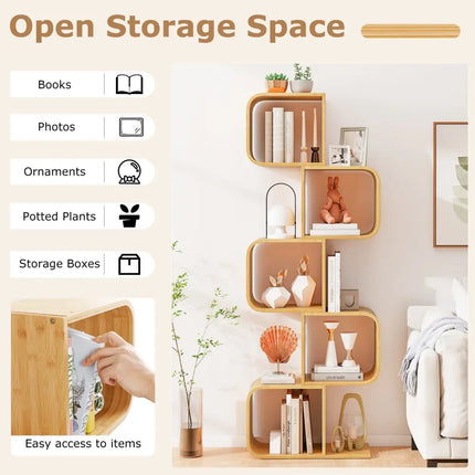 5-Tier S-Shaped Bookcase with 5 Open Cubes for Living Room-Natural - Natural - Bookcases