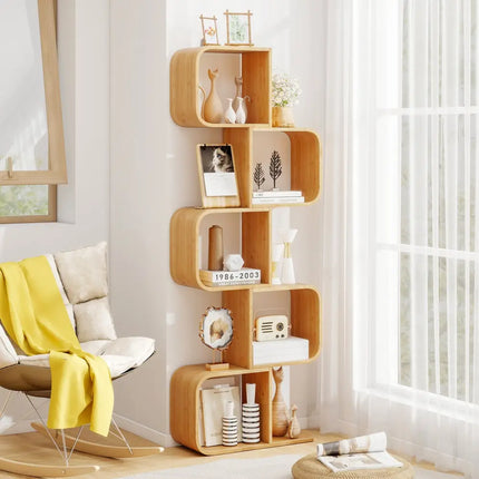 5-Tier S-Shaped Bookcase with 5 Open Cubes for Living Room-Natural - Natural - Bookcases