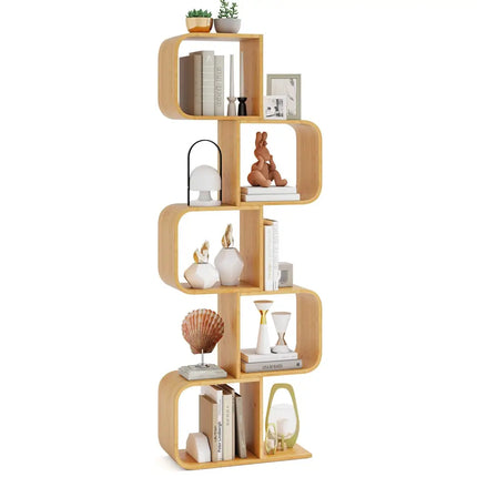 5-Tier S-Shaped Bookcase with 5 Open Cubes for Living Room-Natural - Natural - Bookcases