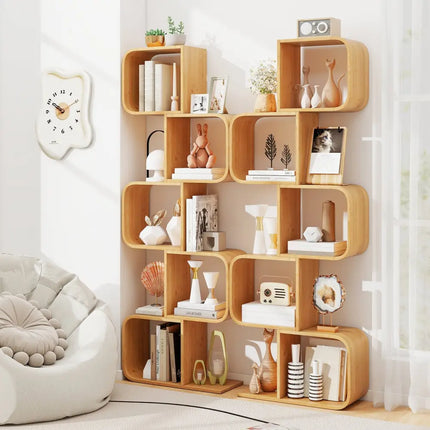 5-Tier S-Shaped Bookcase with 5 Open Cubes for Living Room-Natural - Natural - Bookcases