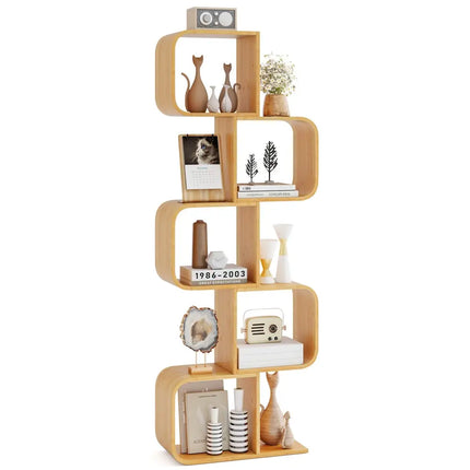 5-Tier S-Shaped Bookcase with 5 Open Cubes for Living Room-Natural - Natural - Bookcases