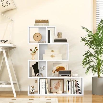 5-Tier S-Shaped Bookshelf Geometric Z-Shelf Bookcase with Open Cubes-White - White - Bookcases