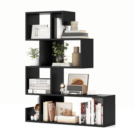 5-Tier S-Shaped Bookshelf Geometric Z-Shelf Bookcase with Open Cubes-Black - Black - Bookcases