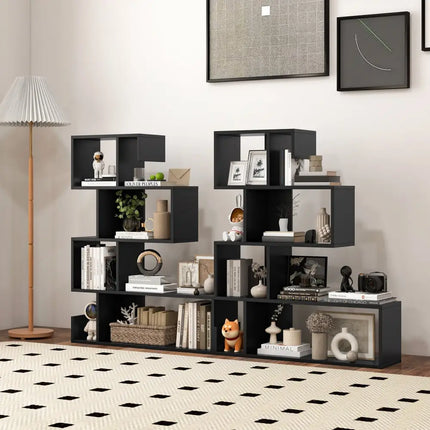 5-Tier S-Shaped Bookshelf Geometric Z-Shelf Bookcase with Open Cubes-Black - Black - Bookcases