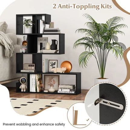 5-Tier S-Shaped Bookshelf Geometric Z-Shelf Bookcase with Open Cubes-Black - Black - Bookcases