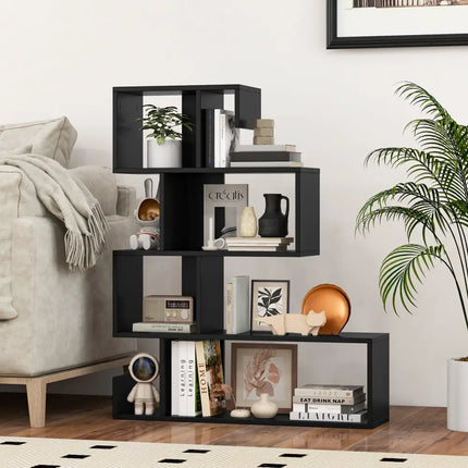 5-Tier S-Shaped Bookshelf Geometric Z-Shelf Bookcase with Open Cubes-Black - Black - Bookcases