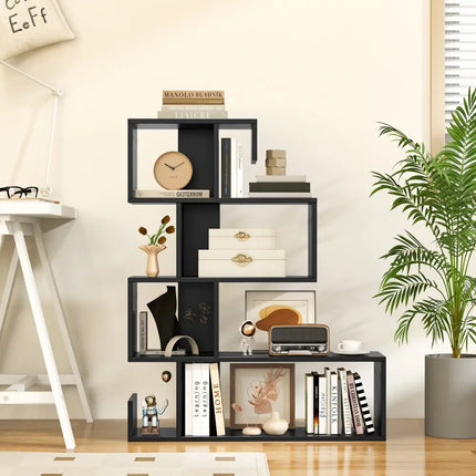 5-Tier S-Shaped Bookshelf Geometric Z-Shelf Bookcase with Open Cubes-Black - Black - Bookcases