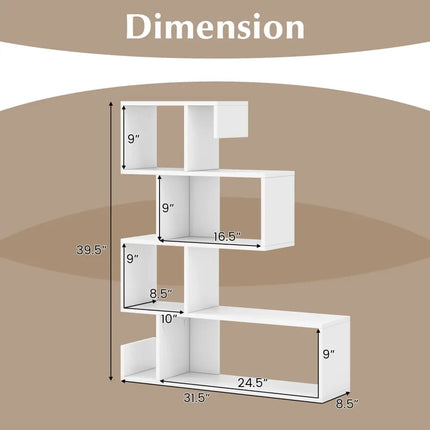 5-Tier S-Shaped Bookshelf Geometric Z-Shelf Bookcase with Open Cubes-White - White - Bookcases