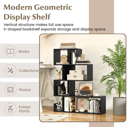 5-Tier S-Shaped Bookshelf Geometric Z-Shelf Bookcase with Open Cubes-Black - Black - Bookcases