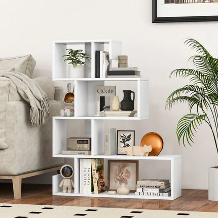 5-Tier S-Shaped Bookshelf Geometric Z-Shelf Bookcase with Open Cubes-White - White - Bookcases
