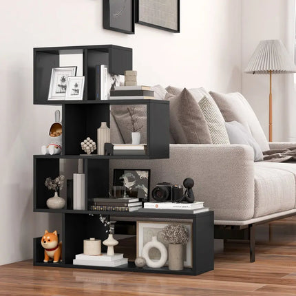 5-Tier S-Shaped Bookshelf Geometric Z-Shelf Bookcase with Open Cubes-Black - Black - Bookcases