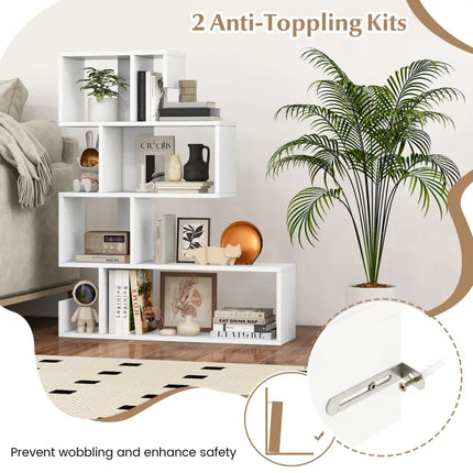 5-Tier S-Shaped Bookshelf Geometric Z-Shelf Bookcase with Open Cubes-White - White - Bookcases