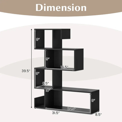 5-Tier S-Shaped Bookshelf Geometric Z-Shelf Bookcase with Open Cubes-Black - Black - Bookcases