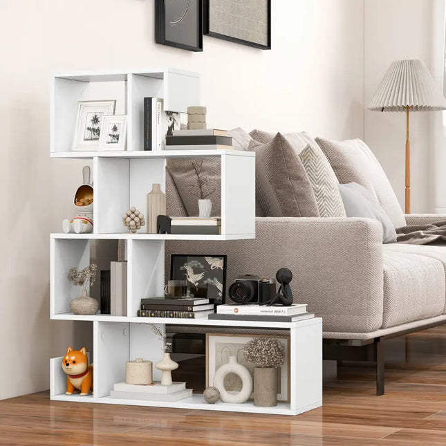 5-Tier S-Shaped Bookshelf Geometric Z-Shelf Bookcase with Open Cubes-White - White - Bookcases