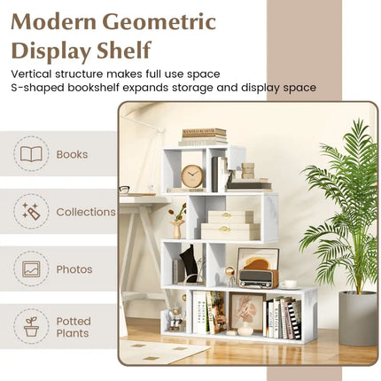 5-Tier S-Shaped Bookshelf Geometric Z-Shelf Bookcase with Open Cubes-White - White - Bookcases