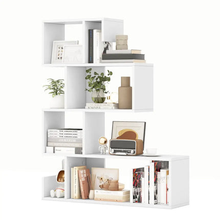 5-Tier S-Shaped Bookshelf Geometric Z-Shelf Bookcase with Open Cubes-White - White - Bookcases