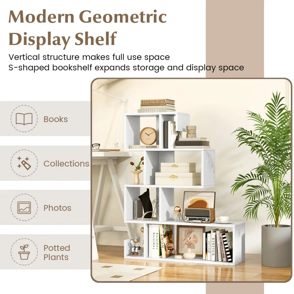 5-Tier S-Shaped Bookshelf Geometric Z-Shelf Bookcase with Open Cubes-White - White - Bookcases